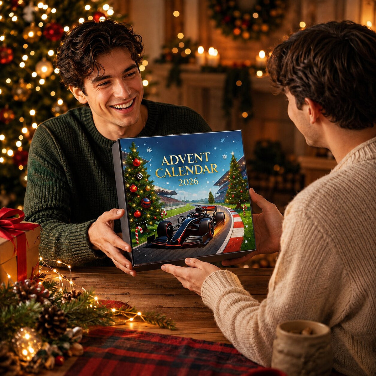 Zwei Männer in Strickpullovern übergeben die Rennwagen Adventskalender-Box als Geschenk