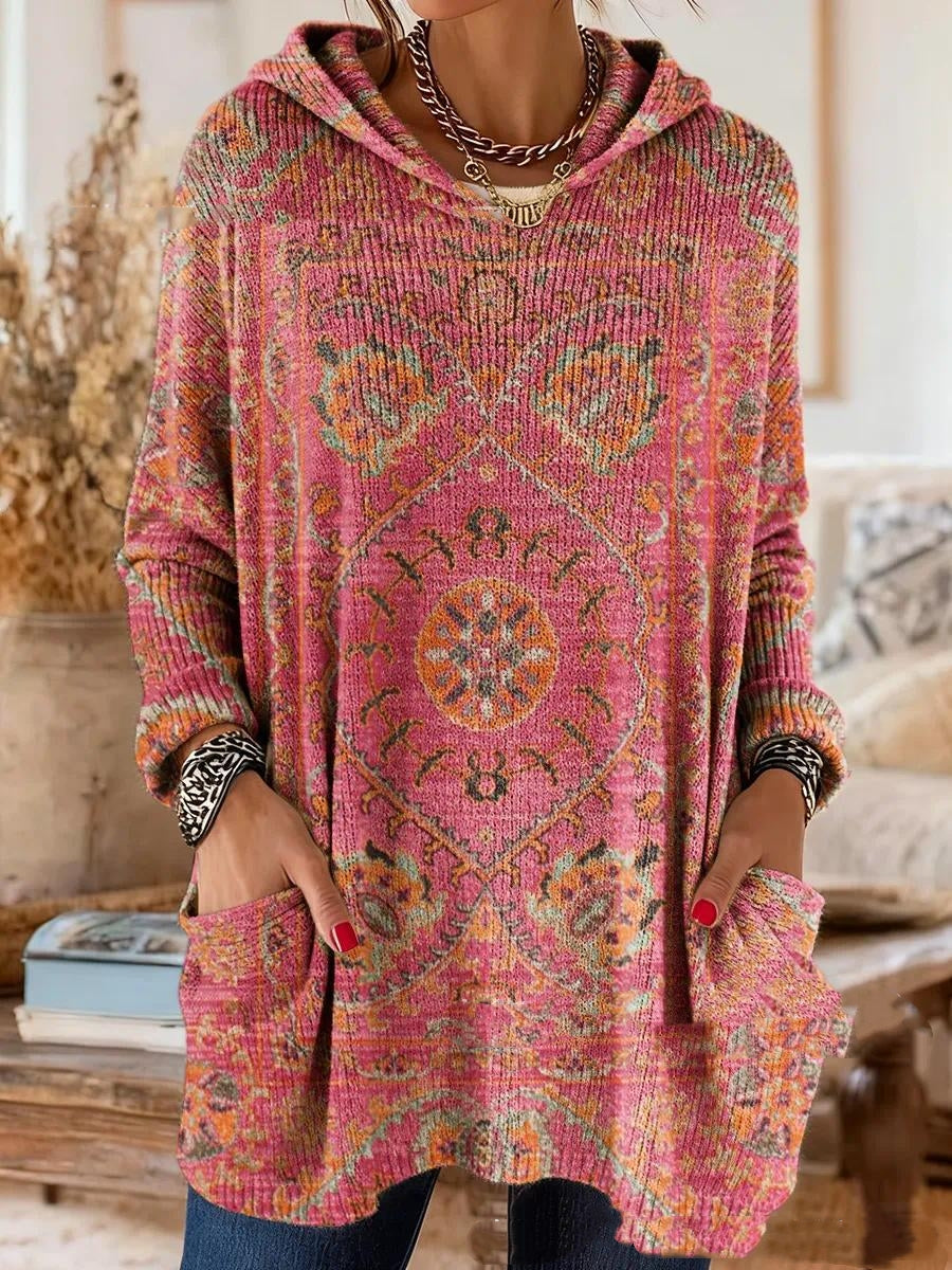 Bohemian-Druck Kapuzen-Tunika-Oberteil in Rosa mit Ornamentmuster, Kapuze und Taschen