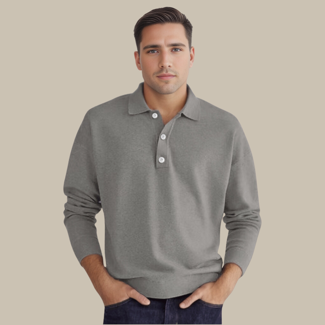 Grauer Herrenpullover, Langarm, Polokragen, Baumwolle, Freizeitmode, elegantes Design.