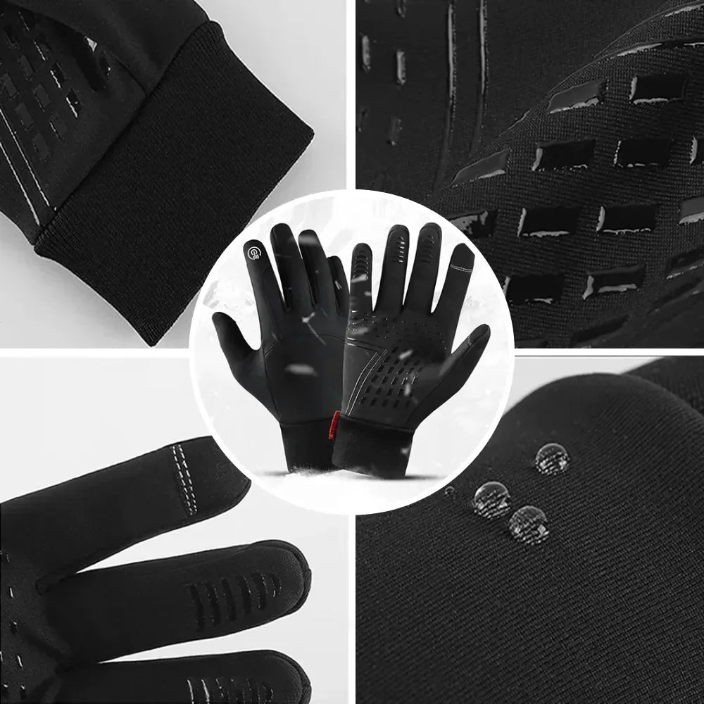 Schwarze wasserdichte Winterhandschuhe, rutschfest, Touchscreen-kompatibel, für Outdoor-Aktivitäten.