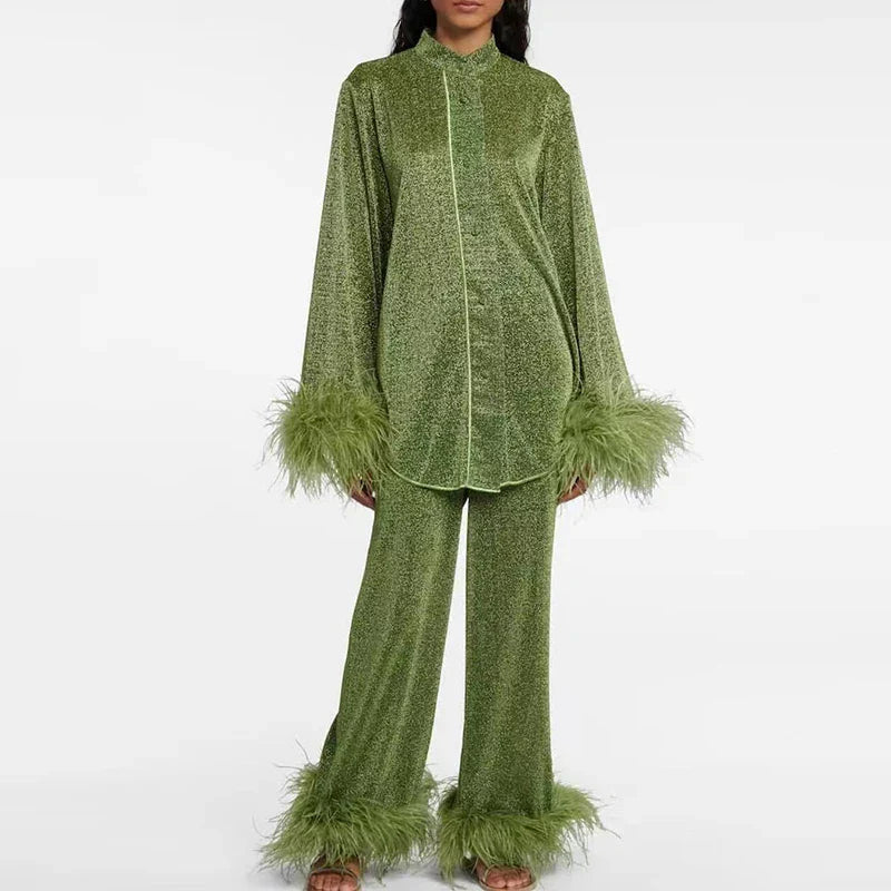 Damen Glitzer-Zweiteiliges Set in Grün mit Knopfleiste und Federbesatz