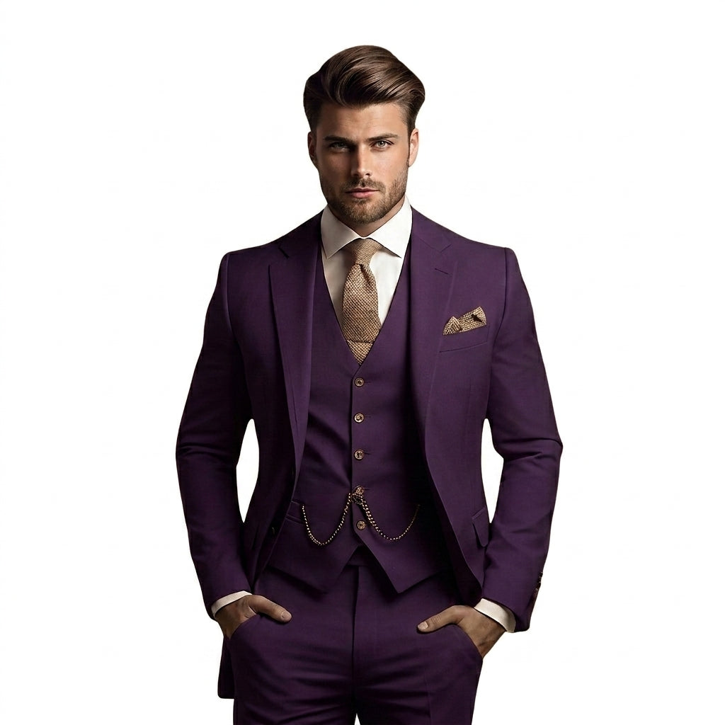 Violetter Dreiteiler mit Sakko, Weste und Hose, beige Krawatte, Einstecktuch und goldfarbene Uhrenkette