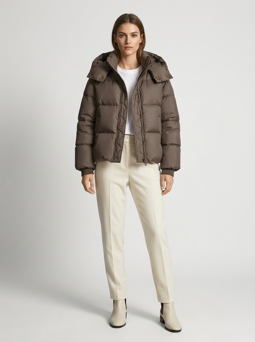 Model trägt die braune Steppjacke mit weißem Shirt und heller Bundfaltenhose, Ganzkörperansicht 8