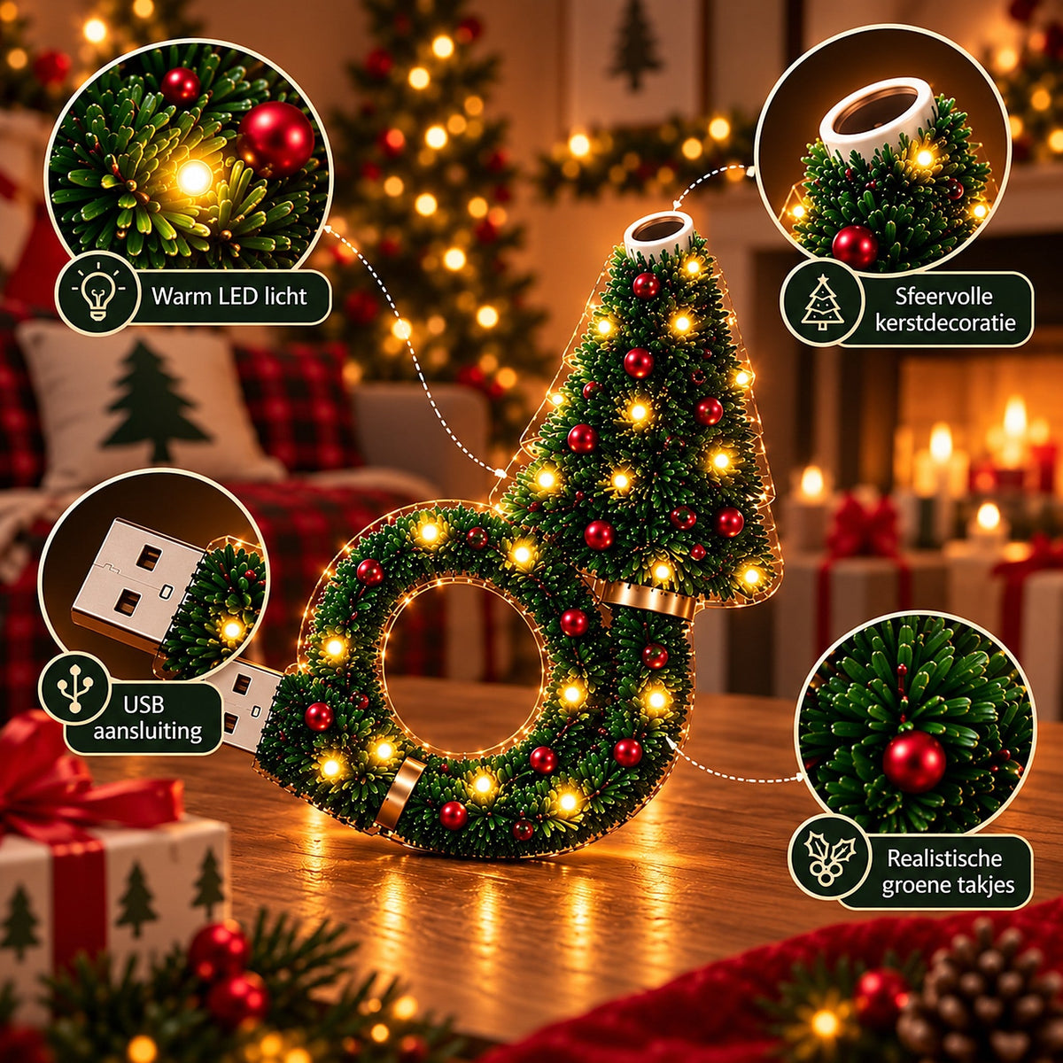 Lampe auf Holztisch mit vier Detailkreisen: warmes LED-Licht, Linse an der Spitze, USB-Stecker und Tannennadeln mit roter Kugel. 8