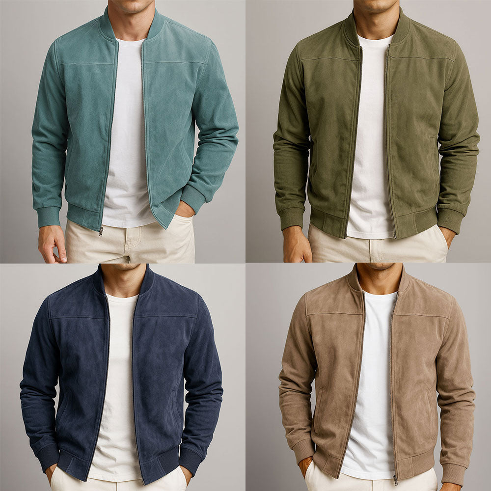Beige-braune Herrenjacke aus Wildlederimitat in mehreren Ansichten zum Farbvergleich.