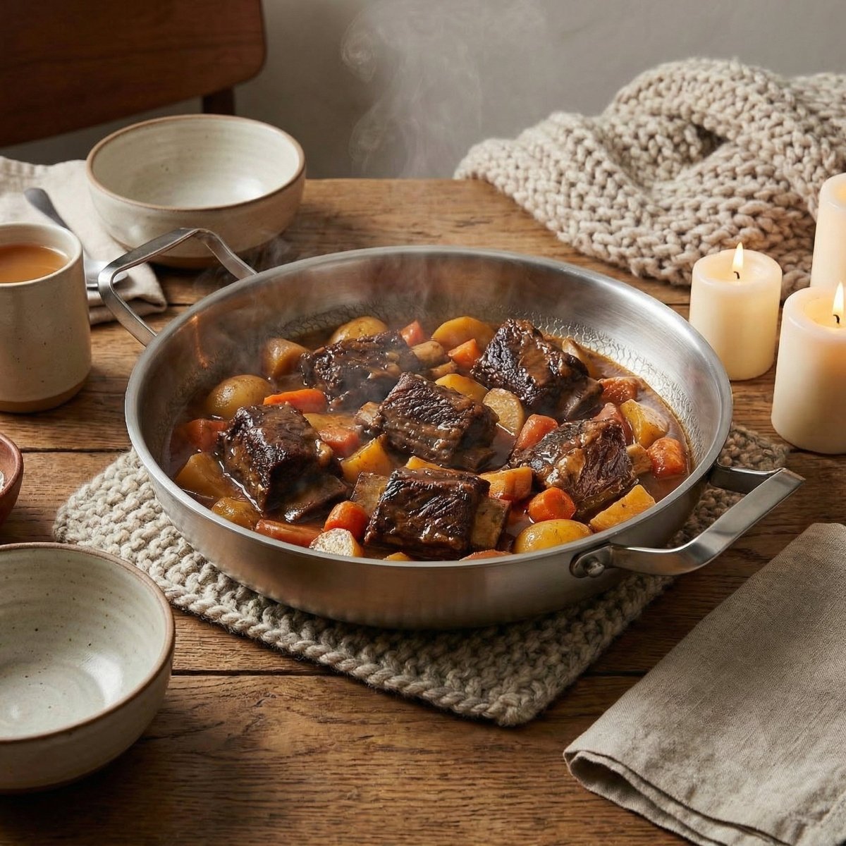 Pfanne mit geschmortem Rindfleisch, Karotten und Kartoffeln auf einem Holztisch mit Kerzen, Schalen und Strickuntersetzer. 8