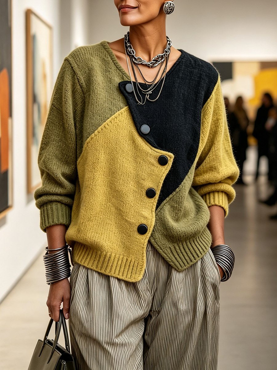 Damen-Strickpullover mit asymmetrischen schwarzen Knöpfen, weitere Ansicht