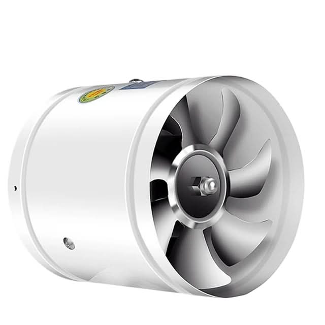 Weißer Rohrventilator in Schrägansicht auf weißem Hintergrund, mit Lüfterrad und Metallnabe 8