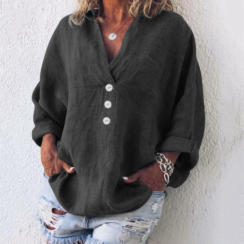 Herbstliche Damen Leinenbluse mit Knopfleiste und V-Ausschnitt – Elodie