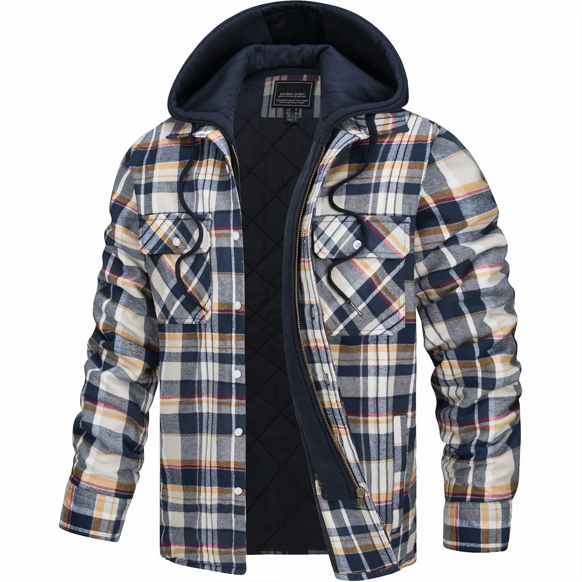 Offene Kapuzenjacke mit Karomuster in Marineblau, Creme und Gelb, gestepptem Innenfutter, Reißverschluss und Brusttaschen mit 6