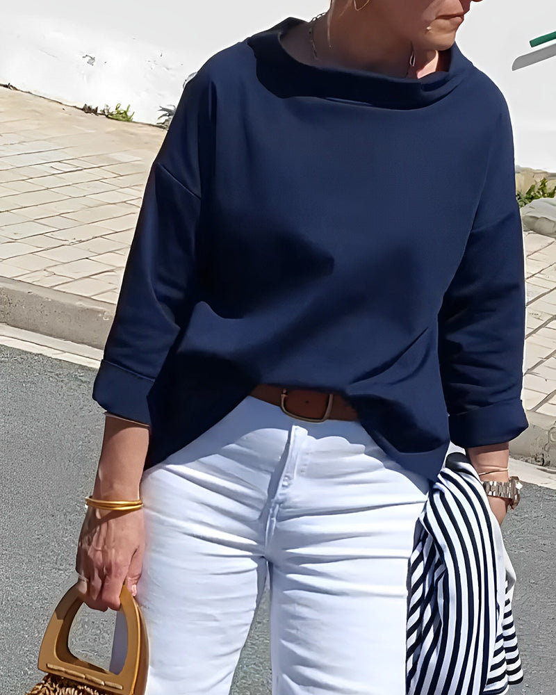 Damen Herbstbluse mit hohem Kragen und 3/4-Ärmeln – Mireille