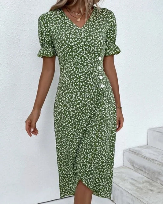 Herbstliches Knopfkleid mit V-Ausschnitt & Kurzarm – Luisa