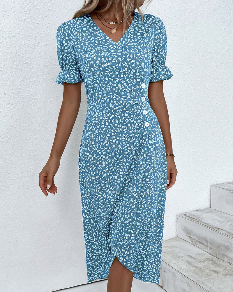 Herbstliches Knopfkleid mit V-Ausschnitt & Kurzarm – Luisa