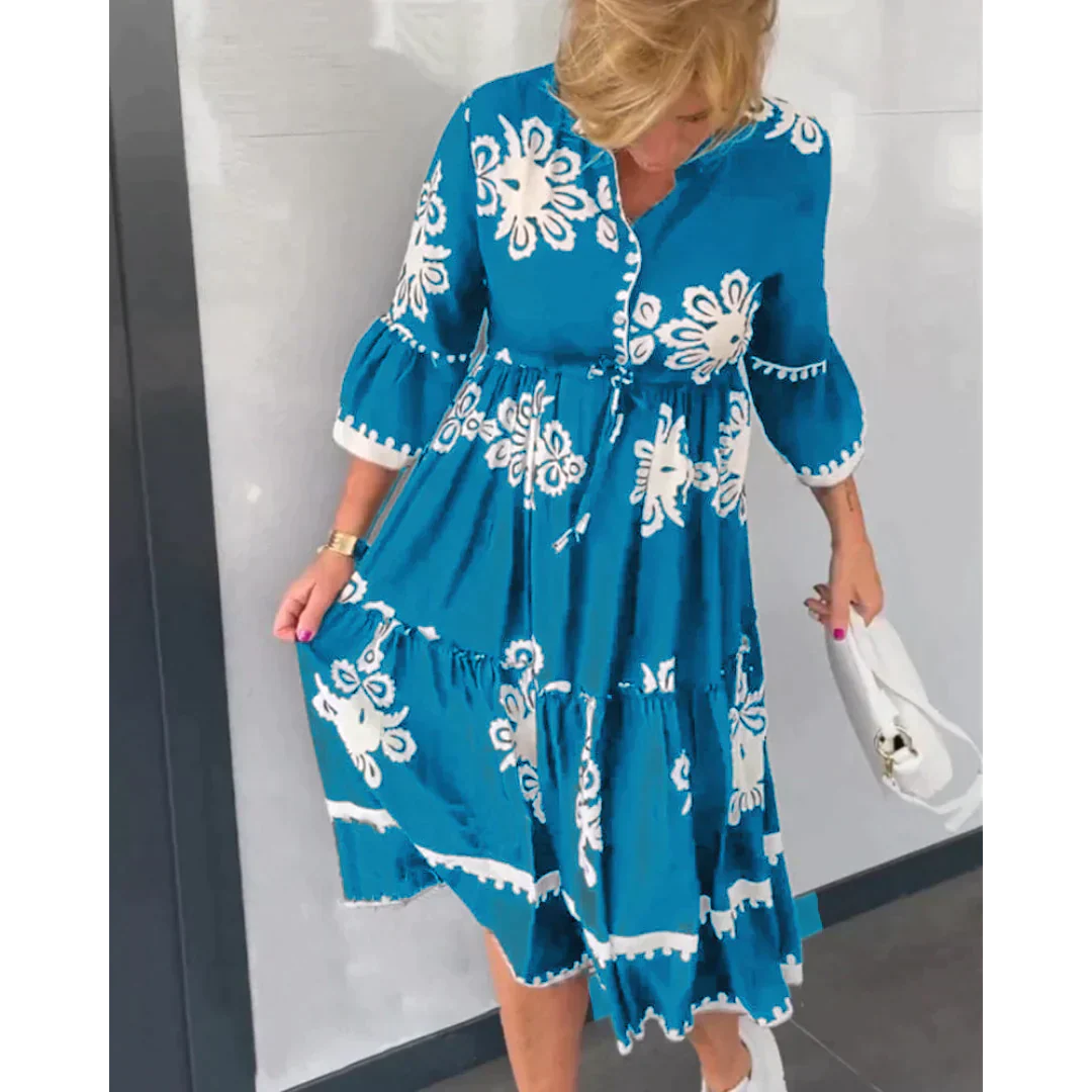 Trendiges Herbstkleid mit Blumenmuster und 3/4-Ärmeln – Elin