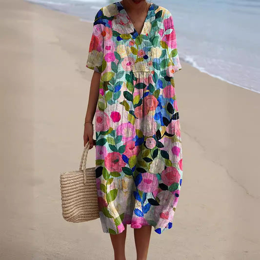 Leichtes Sommerblumenkleid mit V-Ausschnitt & Komfortschnitt – Talia
