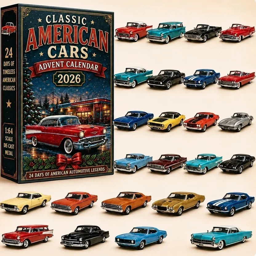 Schachtel mit rotem Oldtimer-Motiv, daneben 24 klassische amerikanische Modellautos in bunten Farben 14
