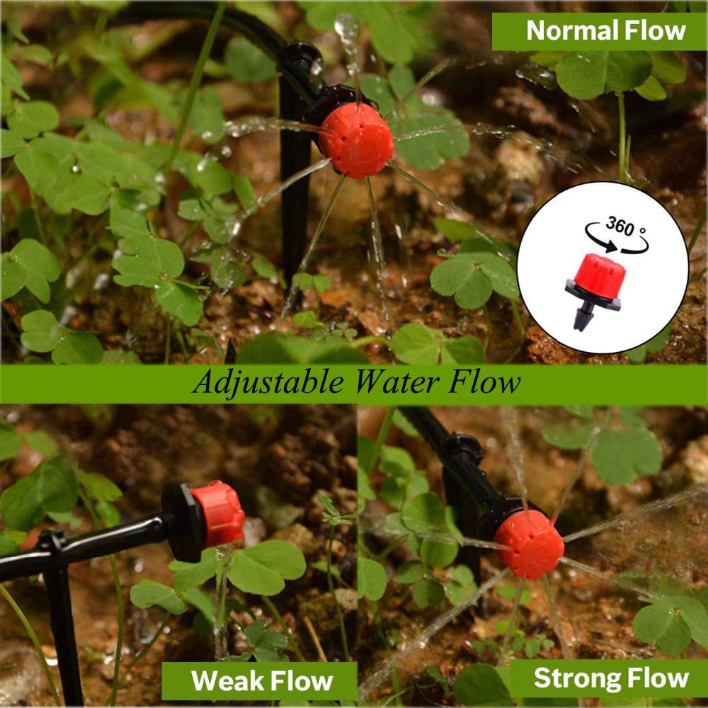 Drei Aufnahmen im Beet zeigen schwachen, normalen und starken Wasserfluss des roten Tropfers mit 360-Grad-Drehung.