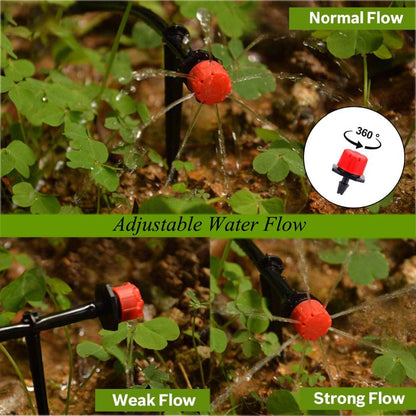 Drei Aufnahmen im Beet zeigen schwachen, normalen und starken Wasserfluss des roten Tropfers mit 360-Grad-Drehung.
