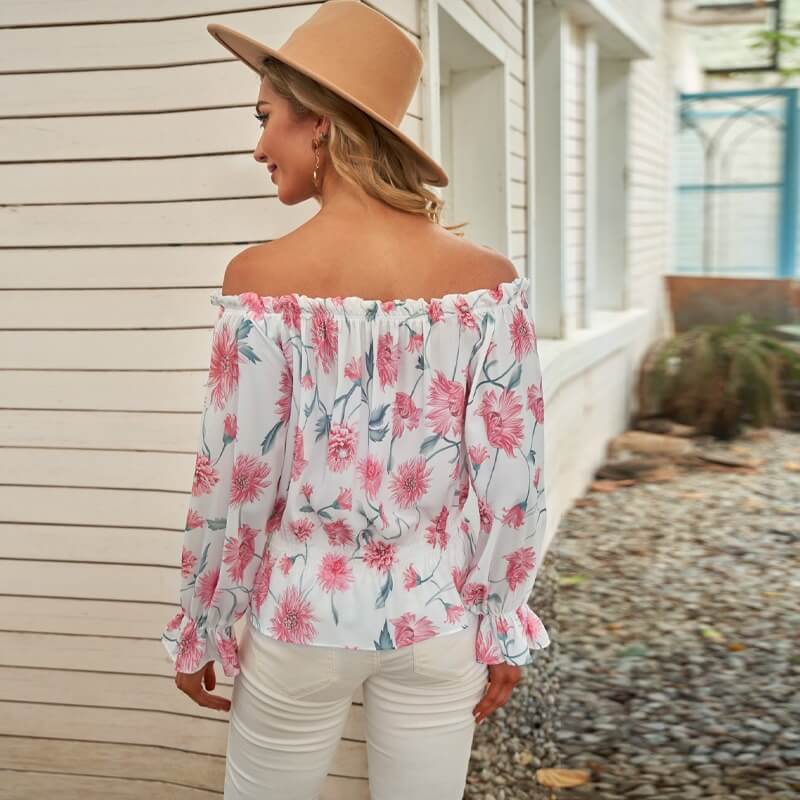 Geblümte Damen Chiffon-Bluse mit Rüschenärmeln – Herbstzauber Elvira