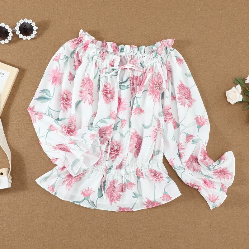 Geblümte Damen Chiffon-Bluse mit Rüschenärmeln – Herbstzauber Elvira