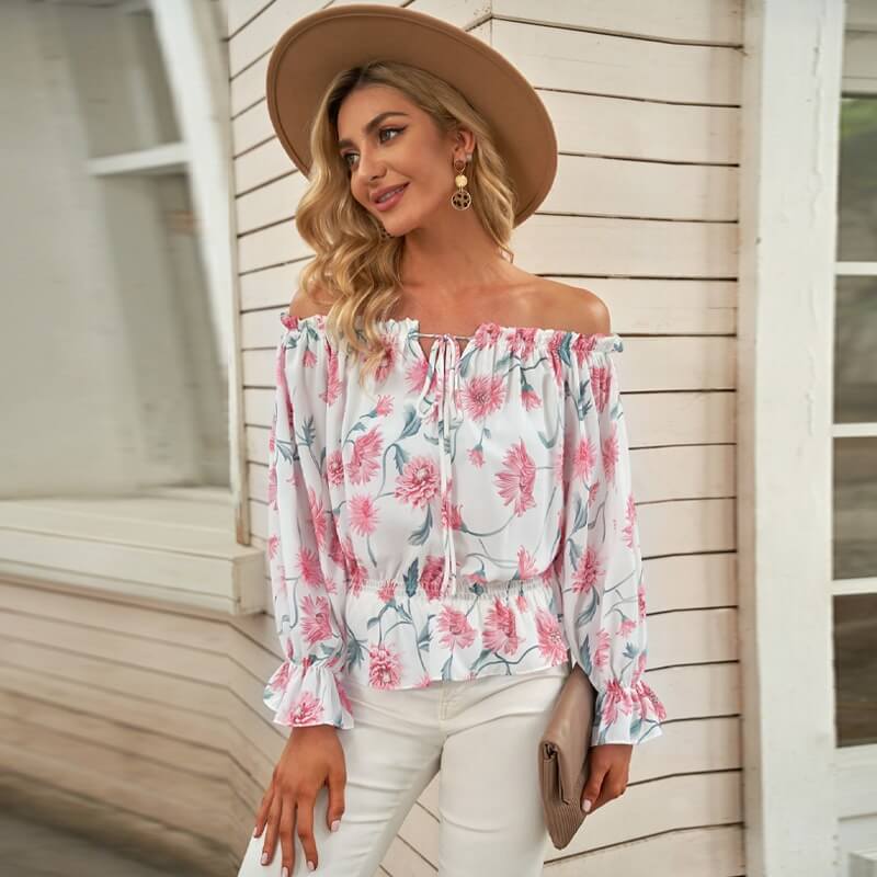 Geblümte Damen Chiffon-Bluse mit Rüschenärmeln – Herbstzauber Elvira