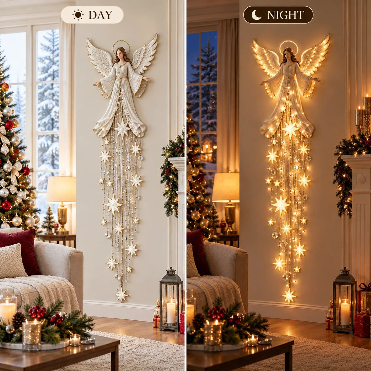 Engel-Wandlampe in Gold und Weiß im Vergleich bei Tag und nachts warmweiß leuchtend