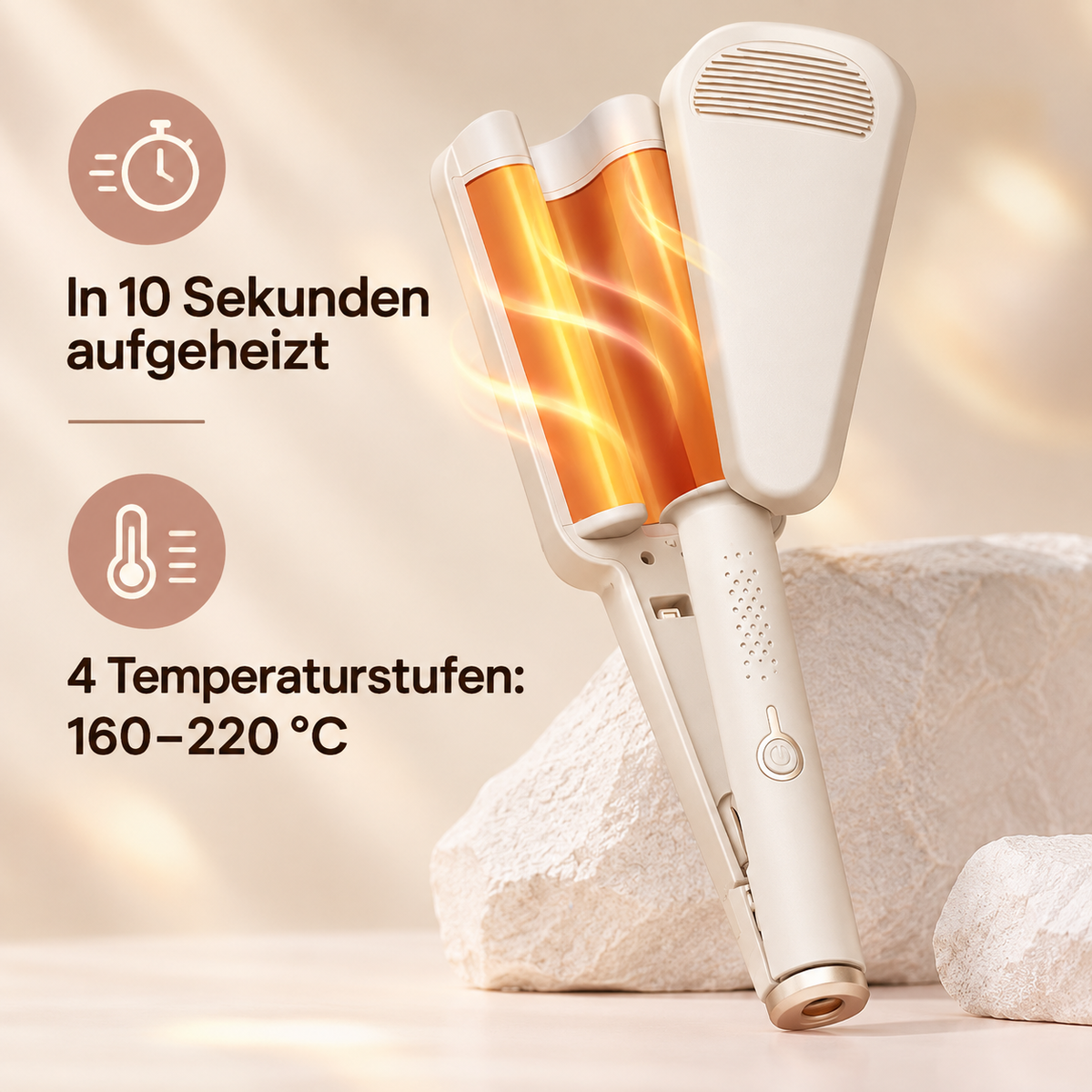 Beiges Welleneisen mit orange glühenden Wellenplatten, daneben Symbole für schnelles Aufheizen und Temperaturstufen 12
