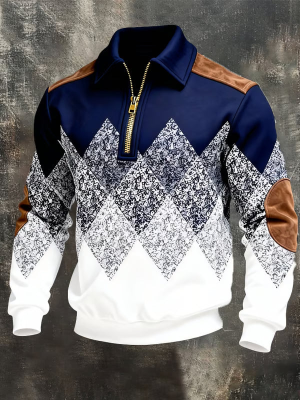 Pullover in Marineblau und Weiß mit Argyle-Muster, Reißverschluss am Kragen und braunen Wildleder-Optikpartien 3
