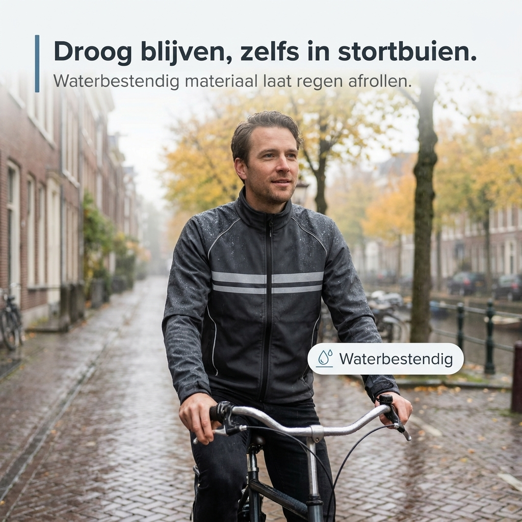Radfahrer in der dunklen Jacke mit Regentropfen auf dem Stoff fährt bei Regen über eine nasse Backsteinstraße an einer Gracht. 2