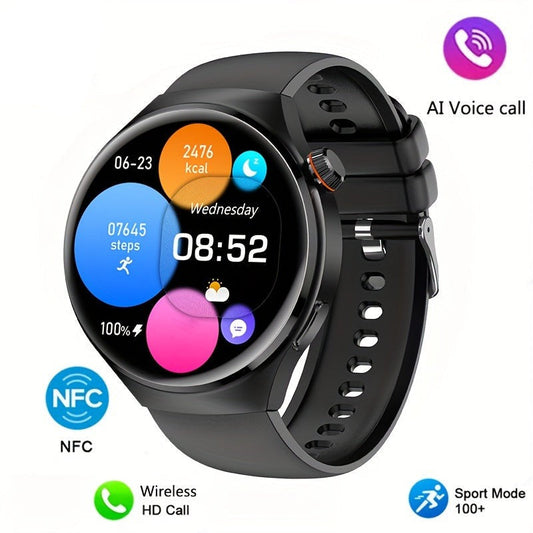 Schwarze Smartwatch mit rundem Display, Fitness-Tracking, NFC, AI-Sprachanruf, Sportmodi.