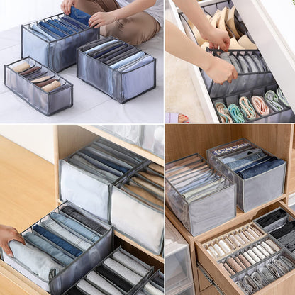 Graue, durchscheinende Schrank-Organizer-Boxen mit Fächern und gefalteter Kleidung, in einer Collage.