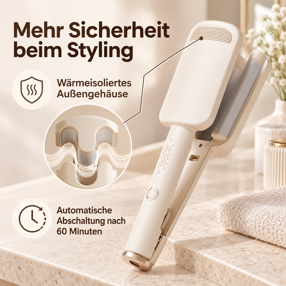 Beiges Welleneisen auf Steinablage, mit Detailkreis zum isolierten Gehäuse und Symbol für automatische Abschaltung 13