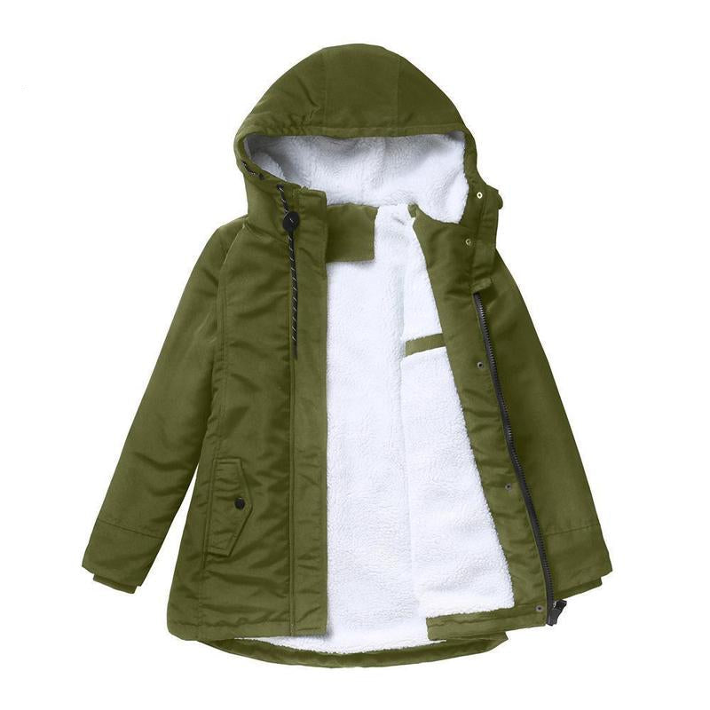 Olivgrüner Parka flach liegend und geöffnet, das weiße Fleecefutter und die Kapuze mit Kordelzug sind zu sehen 6