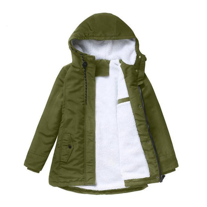 Olivgrüner Parka flach liegend und geöffnet, das weiße Fleecefutter und die Kapuze mit Kordelzug sind zu sehen 6