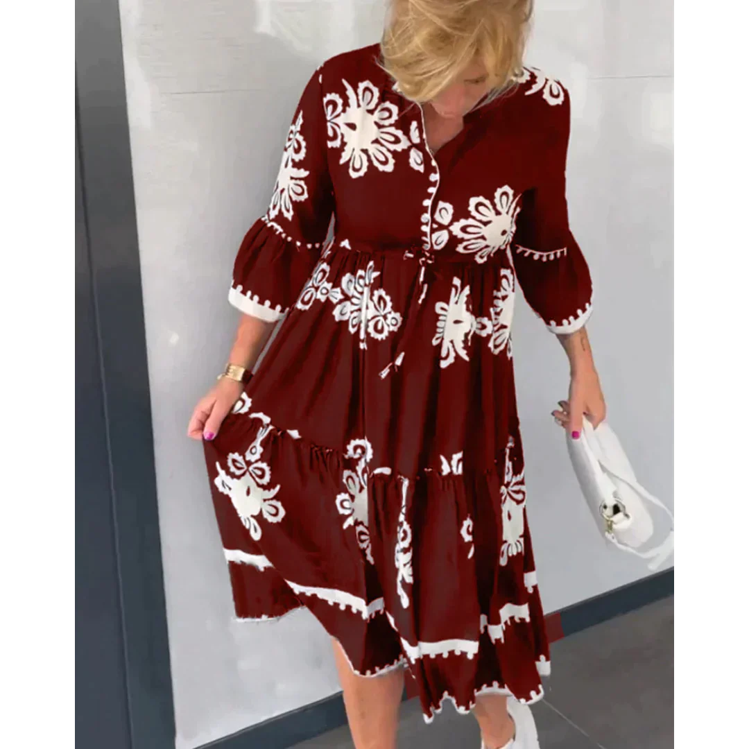 Trendiges Herbstkleid mit Blumenmuster und 3/4-Ärmeln – Elin