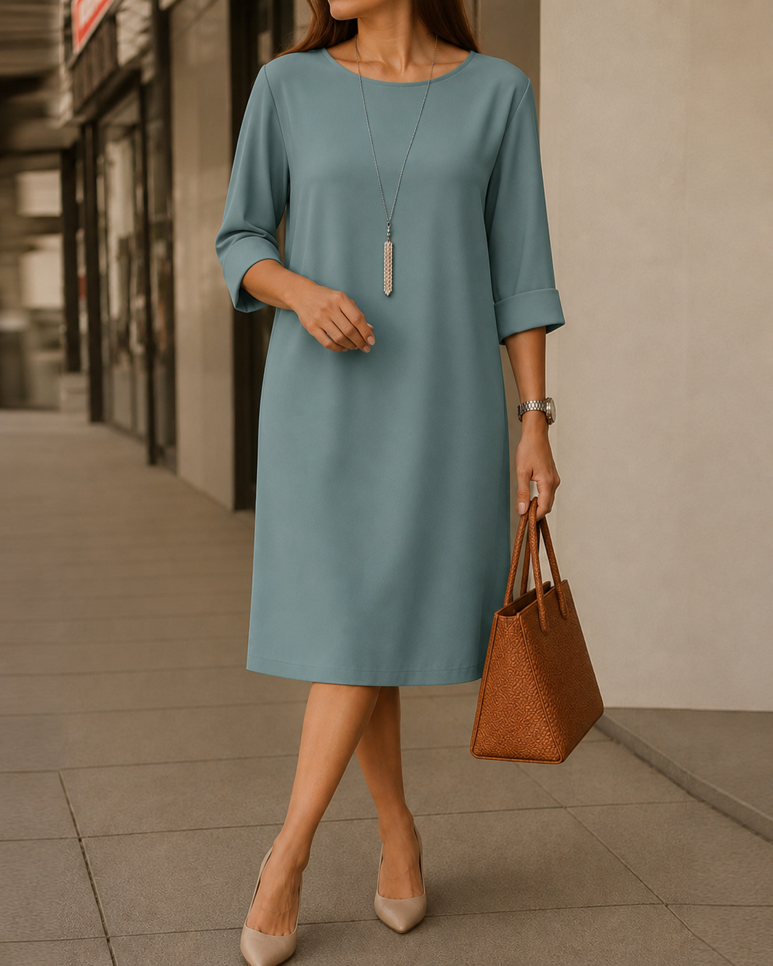 Graublaues Kleid mit umgeschlagenen Ärmeln, getragen mit langer Kette, brauner Tasche und beigen Pumps 5