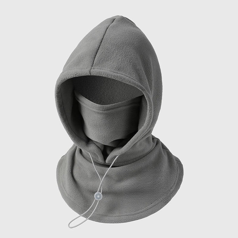 Graue Fleece-Kapuze mit Gesichtsschutz und hellem Kordelzug, Einzelansicht auf hellem Hintergrund 6