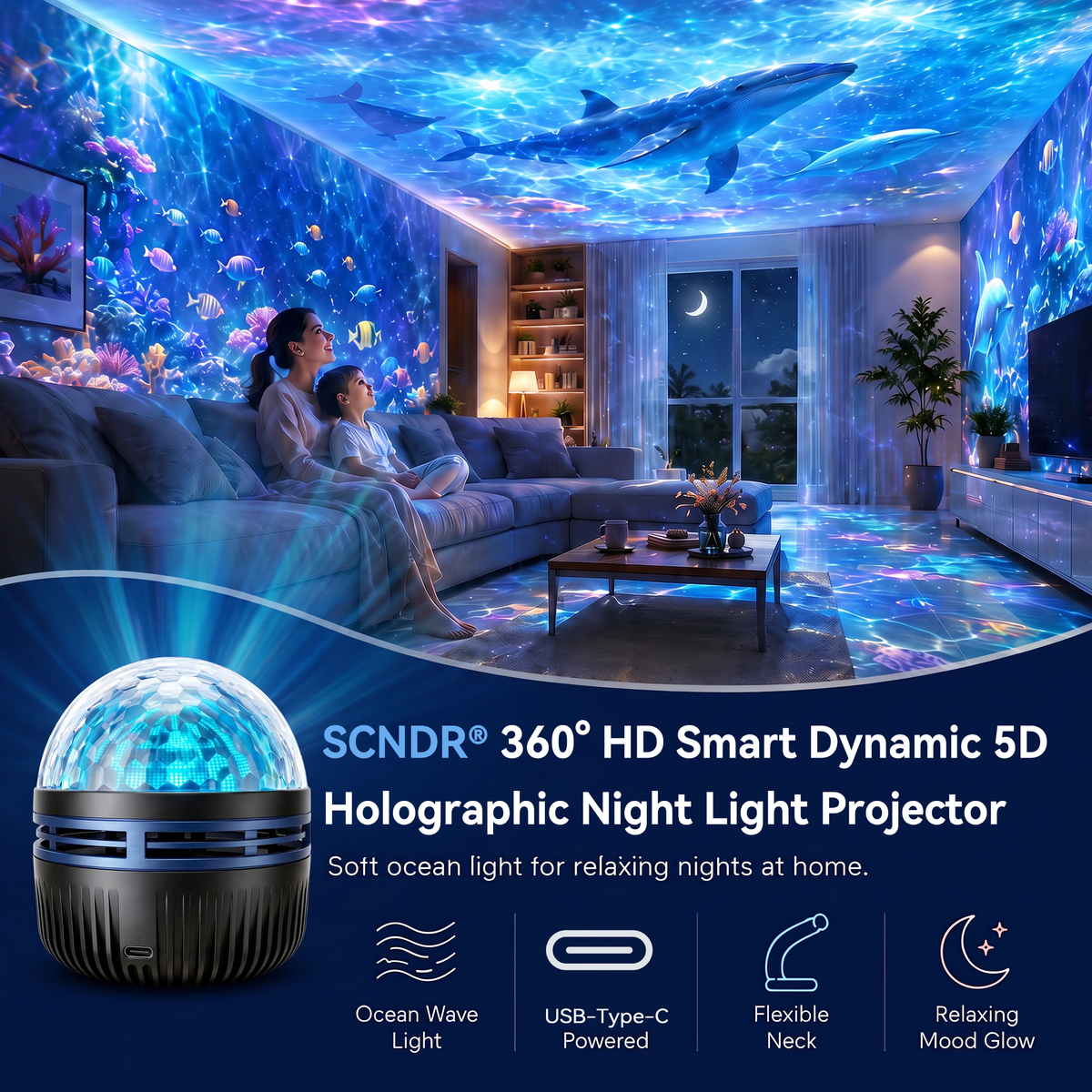 Mutter und Kind sitzen auf dem Sofa, während der Projektor ein Meer mit Walen und Korallen an Decke und Wände wirft; der Projektor steht im Vordergrund. 7
