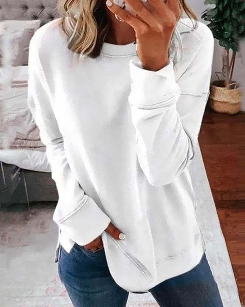 Weiße Damen-Sweatshirt, lässig, langärmelig, Baumwolle, modisch, bequem, Freizeitkleidung.