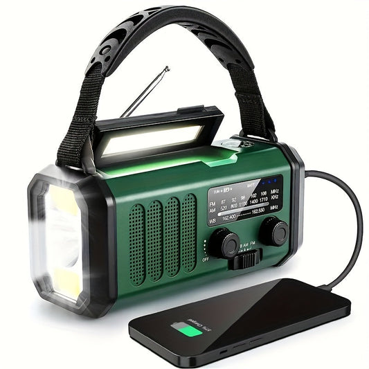 Tragbares grünes Notfallradio mit LED-Licht, Solarpanel, Handkurbel und USB-Ladefunktion.