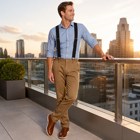 Lächelnder Mann trägt schwarze Hosenträger über hellblauem Hemd und Chinohose auf einer Dachterrasse mit Skyline im Abendlicht. 1
