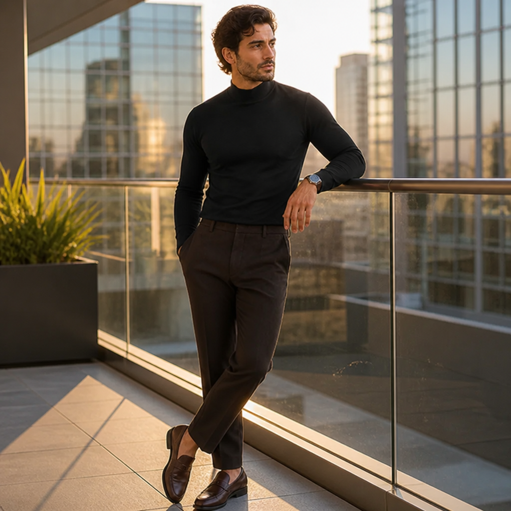 Herren Slim Fit Langarmshirt mit umklappbarem hohem Kragen in Schwarz, getragen auf einer Dachterrasse