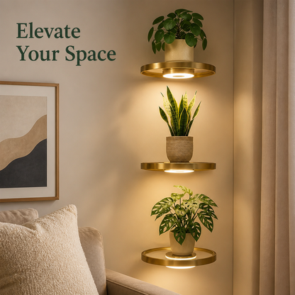 Goldfarbenes schwebendes Wandregal mit warmer LED-Beleuchtung, drei Regale untereinander an einer Wand