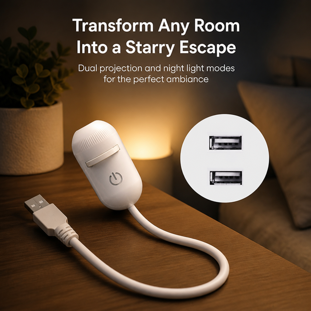 Weißer kapselförmiger 2-in-1-Sternprojektor mit USB-Kabel auf einem Holztisch.
