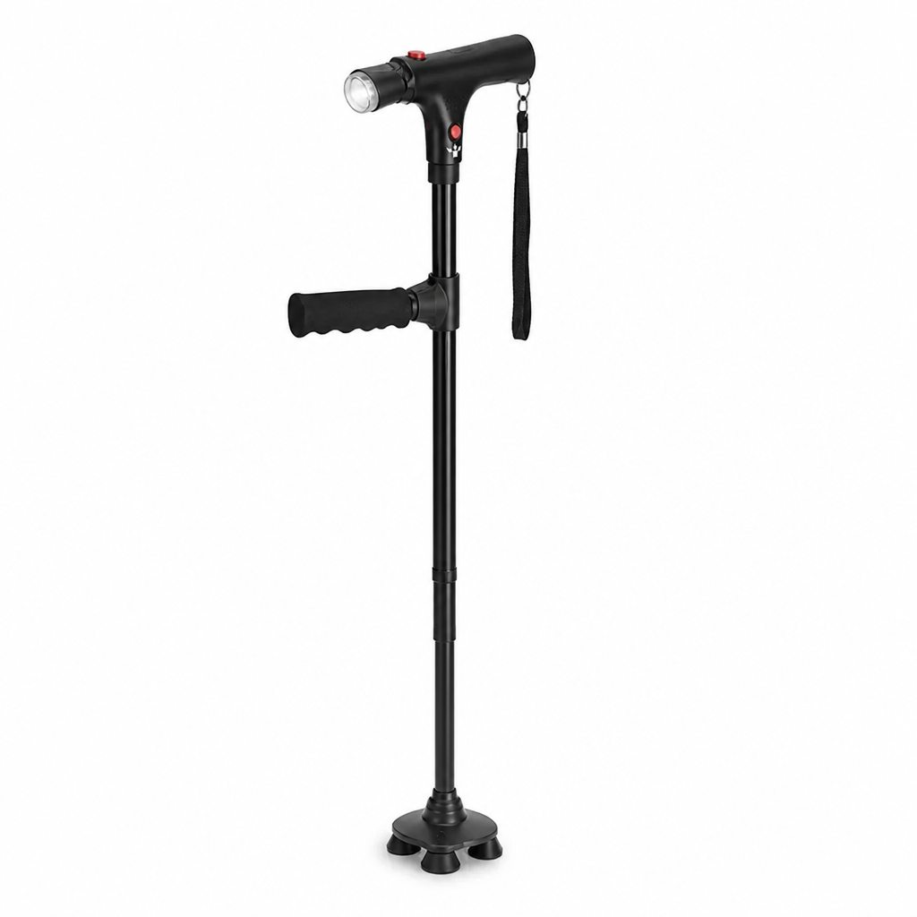 Schwarzer Gehstock mit LED-Lampe, zweitem Haltegriff, Handschlaufe und vierfüßiger Standfläche auf weißem Hintergrund.