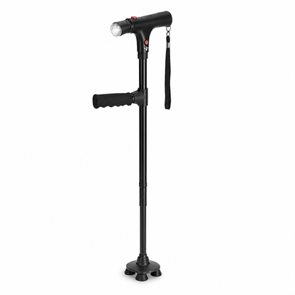 Schwarzer Gehstock mit LED-Lampe, zweitem Haltegriff, Handschlaufe und vierfüßiger Standfläche auf weißem Hintergrund.