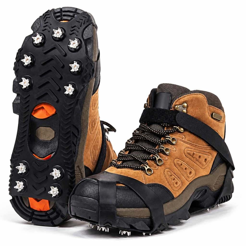 Wanderstiefel mit angelegten Eisgriffen, ein Stiefel zeigt die Sohle mit elf Edelstahl-Spikes, freigestellt auf Weiß 1