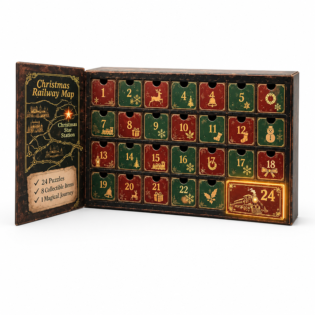 Geöffneter Adventskalender mit rot und grün gestalteten Türchen, goldenen Symbolen und einer Eisenbahnkarte auf der aufgeklappten linken Innenseite. 1