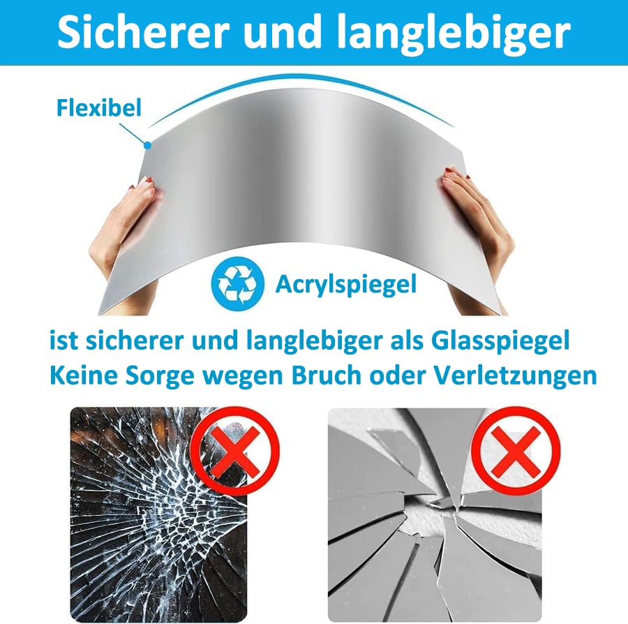 Zwei Hände biegen eine flexible Spiegelfolie, darunter zersplittertes Glas als Vergleich zur Bruchsicherheit 7