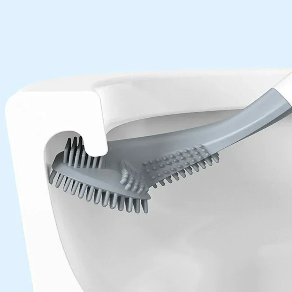 Graue Silikon-Toilettenbürste mit flexiblem Kopf reinigt WC-Rand, hygienisch und langlebig.